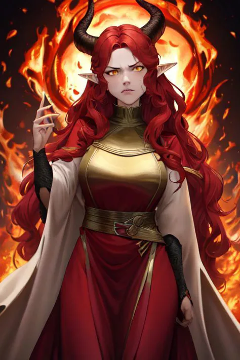 a woman with red hair and horns in a red dress