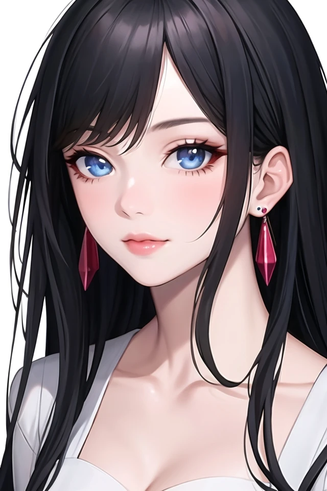 1girl, black hair, blue eyes, closed mouth, collarbone, earrings, jewelry, lips, long hair, looking at viewer, parted bangs, portrait, simple background, solo, white background,(shiny skin),(masterpiece:1.4),(best quality:1.4)