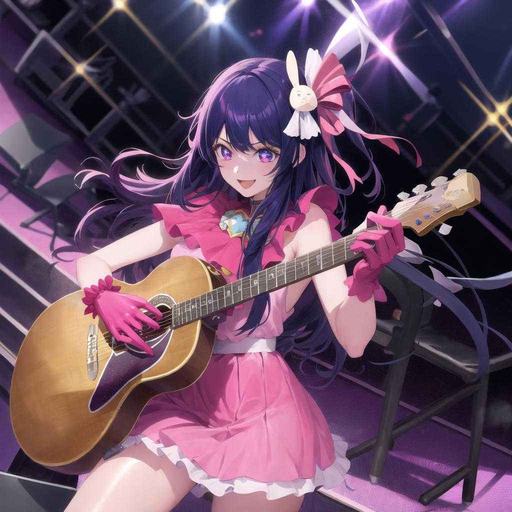 masterpiece, best quality, 1girl, (stage),guitar,chair,sparkle,shiny