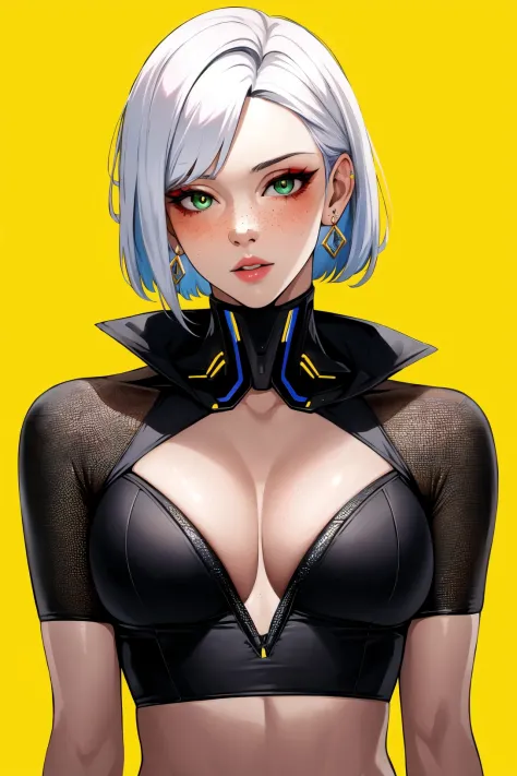 1girl, solo, jewelry, green eyes, white hair, (yellow background), earrings, freckles, lips, cleavage, makeup, looking at viewer, medium breasts, nose, upper body, short hair, parted lips, navel, clothing cutout, android,(cyberpunk:1.2),(science fiction),(...