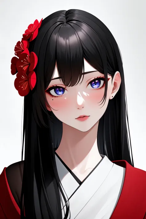 masterpiece,best quality,absurdres,original,extremely delicate and beautiful,beautiful detailed eyes and face,1girl, black_hair, flower, japanese_clothes, looking_at_viewer, mole, red_flower, solo,(masterpiece:1.4),(best quality:1.4)