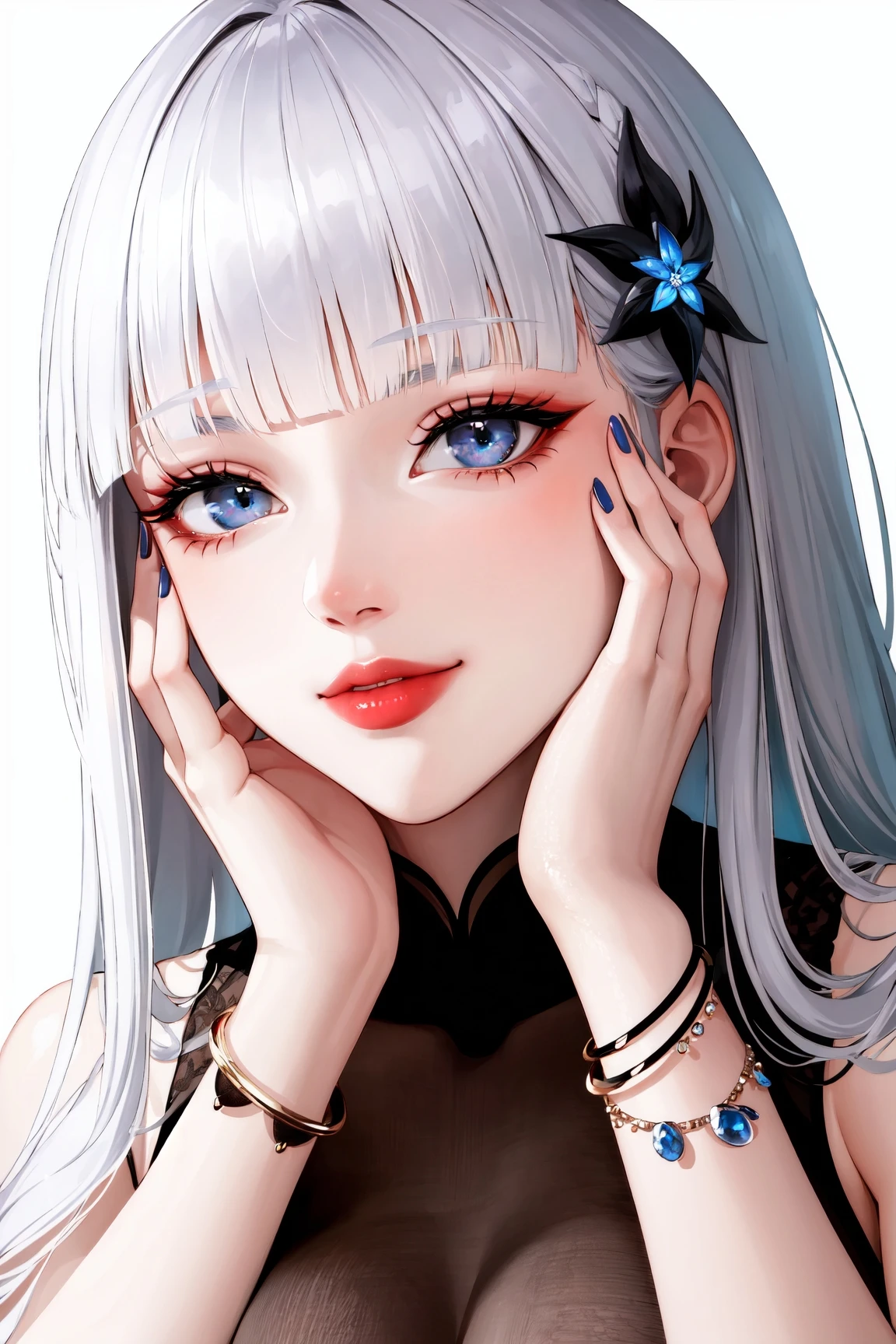 1girl, solo, long hair, looking at viewer, smile, blue eyes, hair ornament, white background, jewelry, white hair, closed mouth, blunt bangs, nail polish, bracelet, lips, grey eyes, portrait, red nails, close-up, red lips, hands on own face, hands on own cheekature female),(shiny skin),((steaming body))