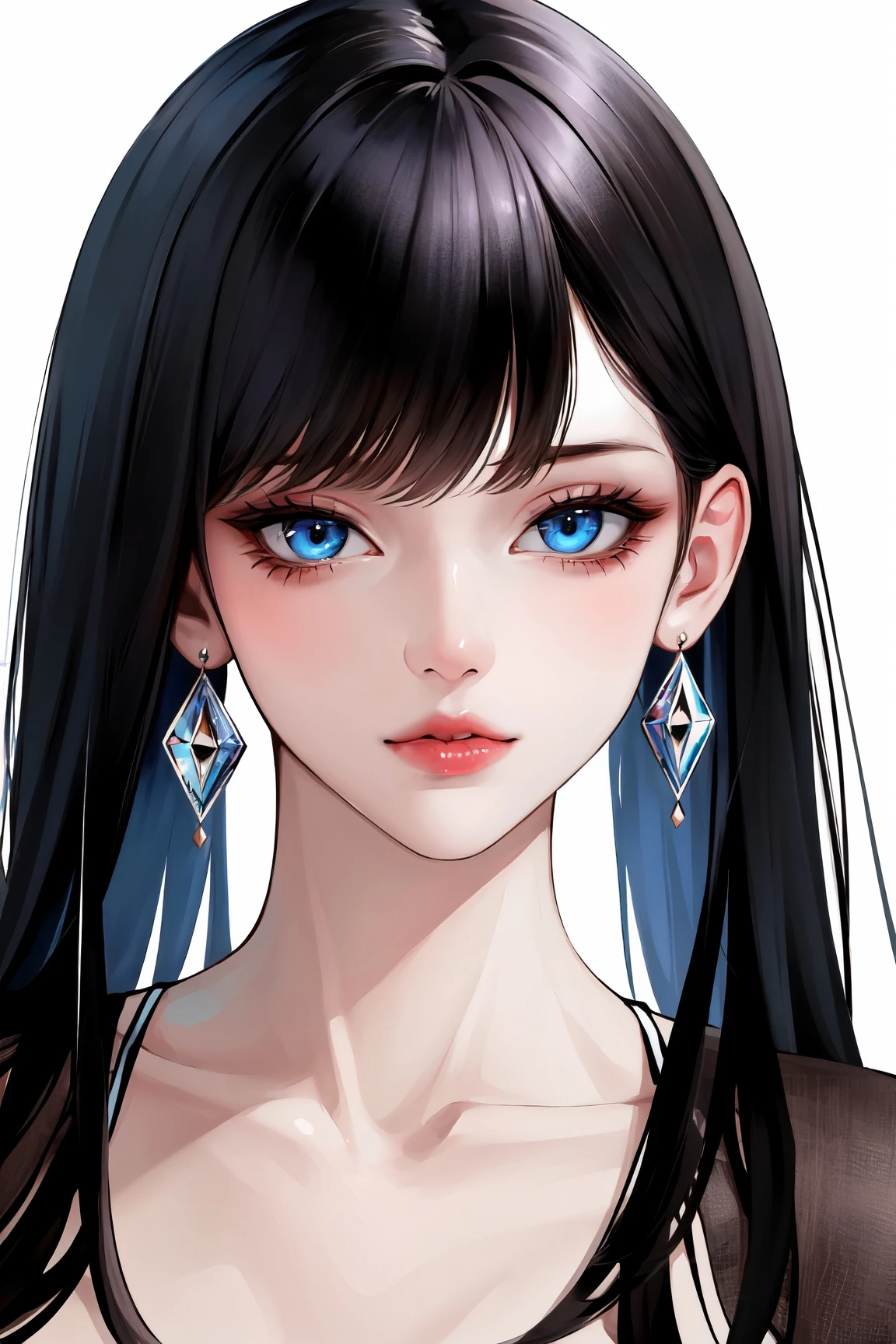 1girl, black hair, blue eyes, closed mouth, collarbone, earrings, jewelry, lips, long hair, looking at viewer, parted bangs, portrait, simple background, solo, white background,(masterpiece:1.4),(best quality:1.4),(shiny skin)