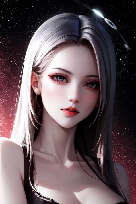 1girl, beautiful face, ((white eyes)), sexy pose, Red moon in the background, stars, space, (lightroom:1.13), soft light, (natural skin texture:1.2), (hyperrealism:1.2), sharp focus, focused,[[realistic]]
