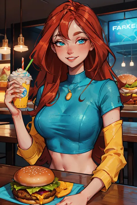 Bloom, red hair, blue eyes, Casual Outfit, croptop, blue tshirt, yellow sleeves,  looking at viewer, smiling, upper body shot, s...