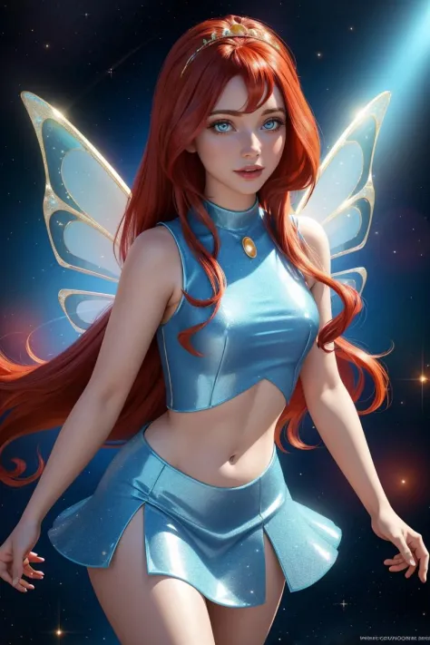 professional photo of Bloom, Fairy Outfit, red hair, blue croptop, sleeveless, blue skirt, sparkling clothing, wings, tiara, loo...