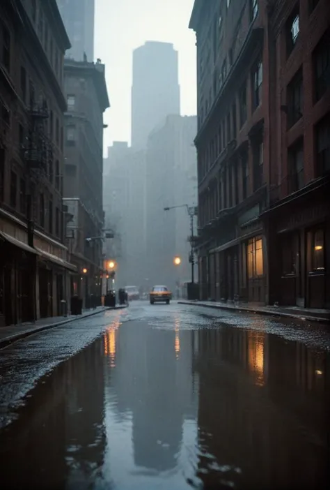 there is a wet street with a car and a person walking in the rain