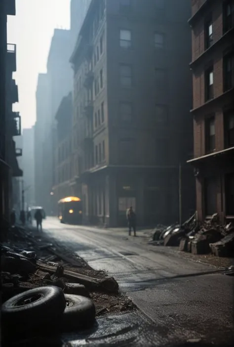 there is a man walking down a street in the middle of a city