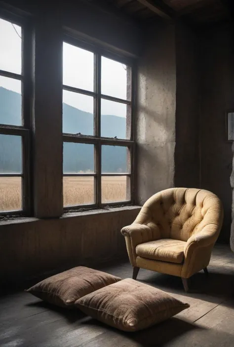 arafed chair and pillow in a room with a view of a field