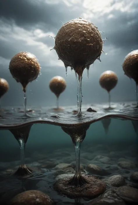 a close up of a group of spheres floating in water