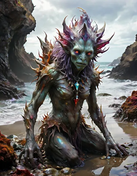 famous artwork by (julie baroh:1.3) and (brian froud:1.2) and (artgerm:1.2) and (guweiz:1.2), in the crinkbubbling intertidal zones of the vast oceans on planet krakenhome tertius, a diminutive, spiky-shelled life form with (colorful jewel-like iridescence:1.6), the chrome honkgugger, explores the otherworldly tide pools, hunting for paffling dunkfizzle
RAW photo, realistic texture, extremely detailed, absurdres, sharp focus,  volumetric lighting, subsurface scattering
realistic skin, (natural skin:1), (skin details, skin texture:1.1), (skin pores:1), (skin imperfections:0.3), 
<lora:aesthetic:1.0> <lora:xl_more_art-full_v1:1.0> <lora:more_details:1.0>