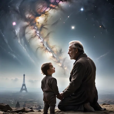 a man and a child are looking at the stars in the sky