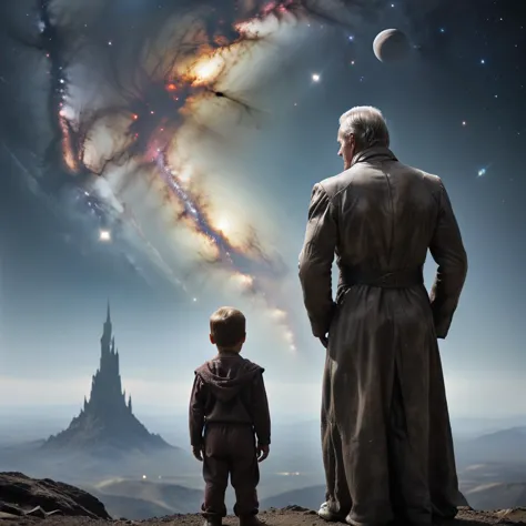 a man and a boy looking at a galaxy with a star in the background