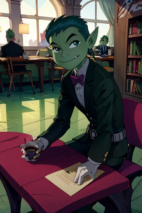 ((masterpiece,best quality)), absurdres, <lora:BeastBoy_TeenTitans:0.8>, BeastBoy_TeenTitans,   1boy, solo, green eyes, green hair, green skin, colored skin, pointy ears, solo, smiling, looking at viewer, cowboy shot, suit, tuxedo, formal suit, library, cup of coffee, sitting at table