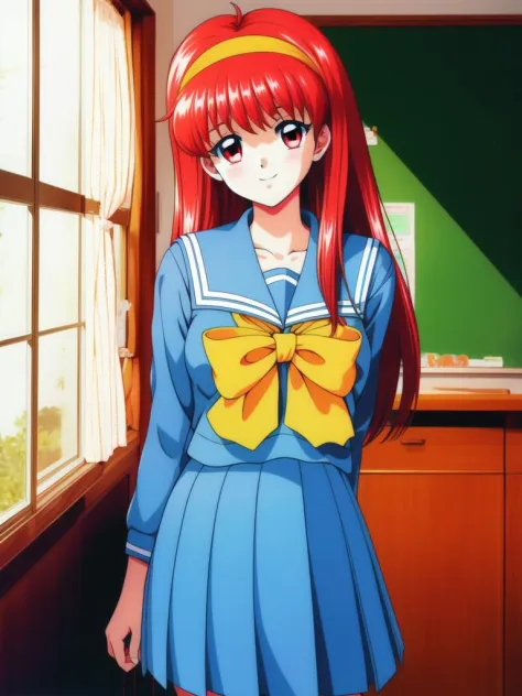 <lora:FujisakiShiori:1> FujisakiShiori, 1girl, solo, red hair, long hair,  hairband,   red eyes, yellow bow, school uniform, ã...