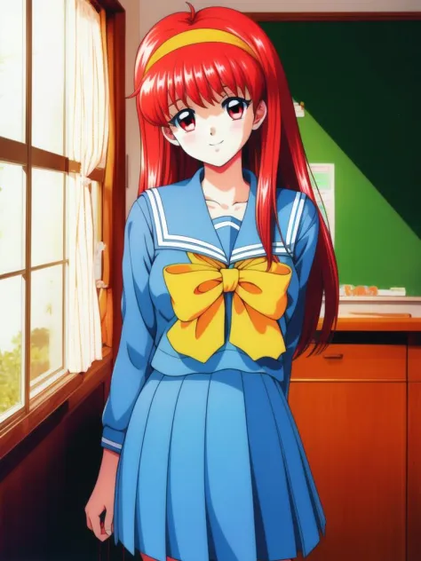 FujisakiShiori, 1girl, solo, red hair, long hair,  hairband,   red eyes, yellow bow, school uniform, ãskirt,ãpleated skirt,ãserafuku,ãblue skirt, long sleeves,  large_breasts,
cowboy Shot, smile, blush, school in the room,
masterpiece, high quality, very_high_resolution, large_filesize, full color,