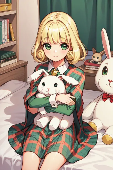 anime girl sitting on bed with stuffed animals in front of her