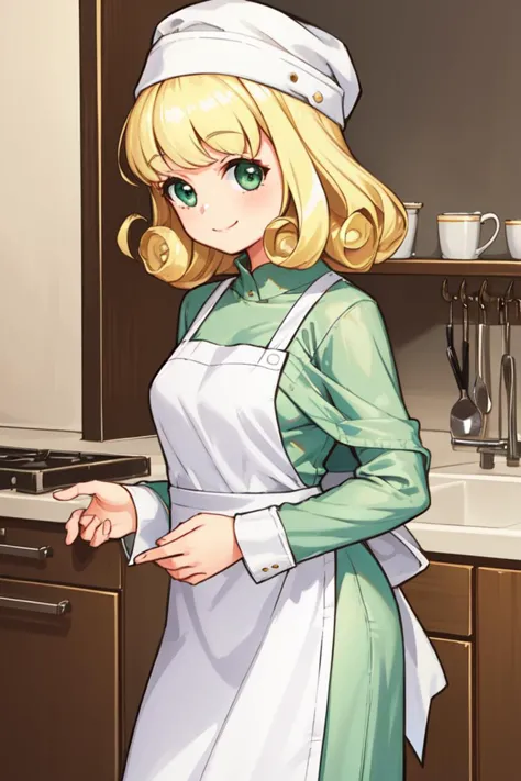 1 girl, indoors, standing, smile,
 <lora:Azure_Dreams_-_Cheryl:0.5> azurecheryl, blonde hair, green eyes, curly hair,
white shawl, green dress, long sleeves, long skirt, hat, apron,