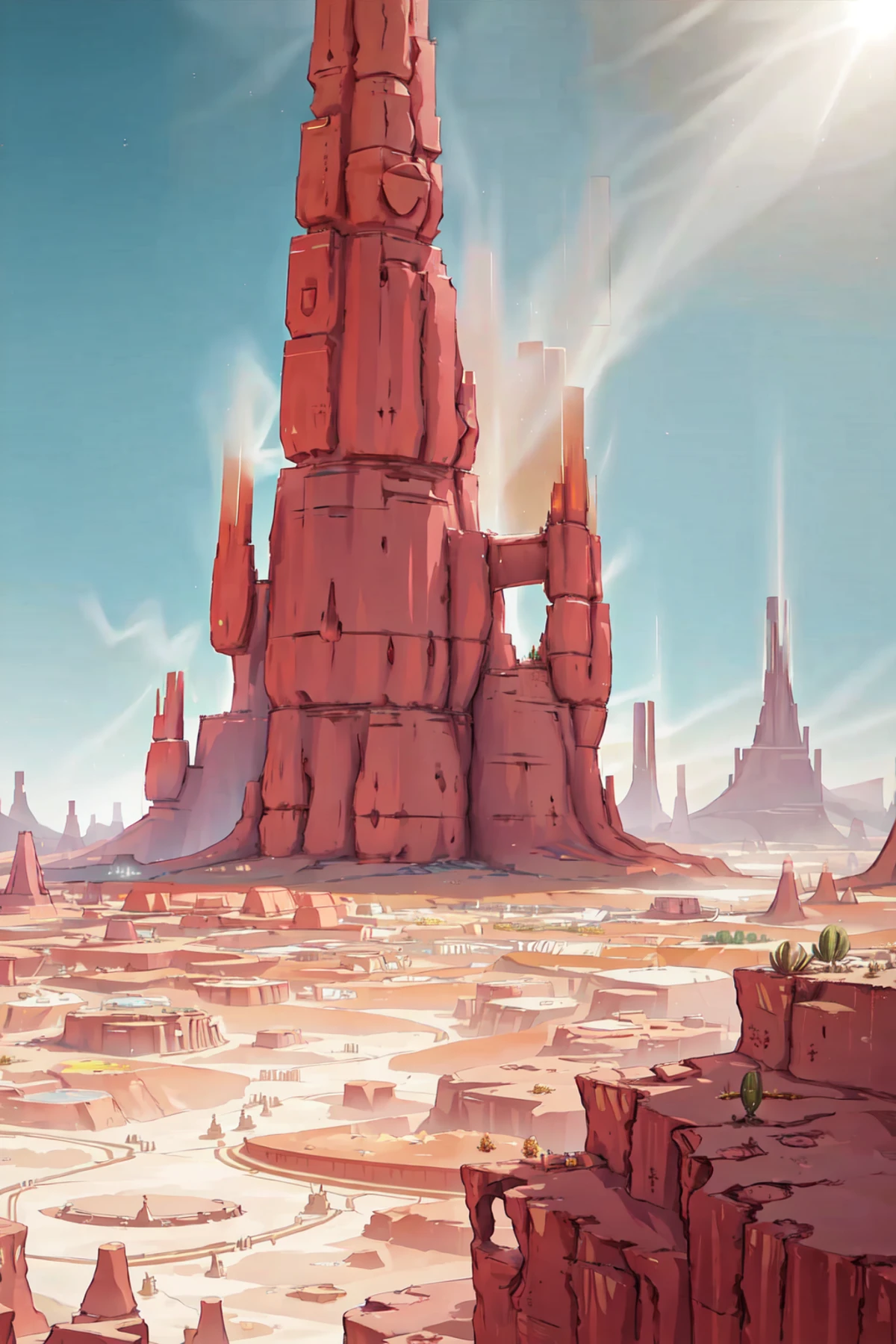 limco style, a desert with a few buildings and a sky, liminal horror space, extreme light and shadow, no humans