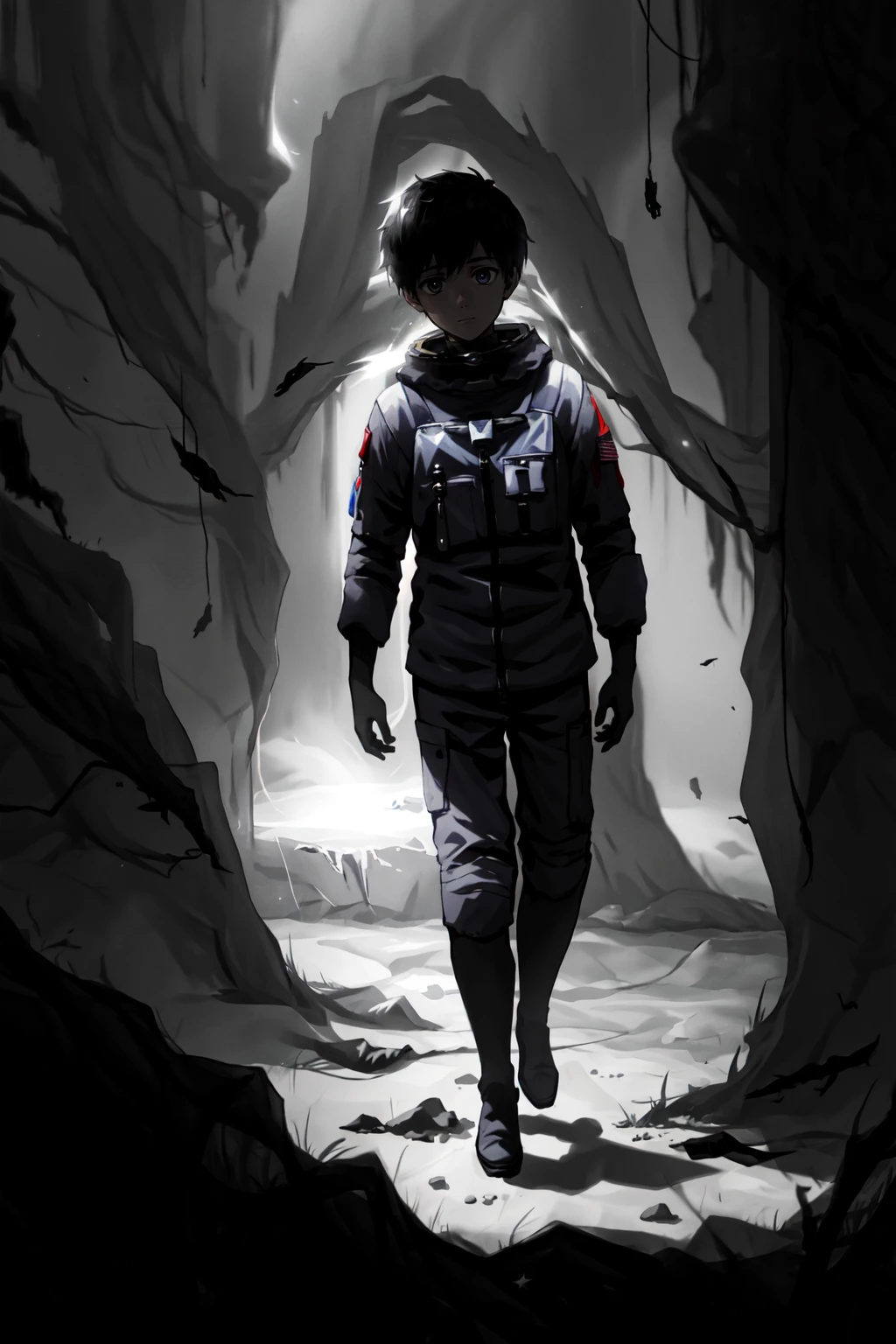 limco 风格, 1个男孩, 男性焦点, 月球上的宇航员, 抑郁特征, 恐怖空间, 极致光影