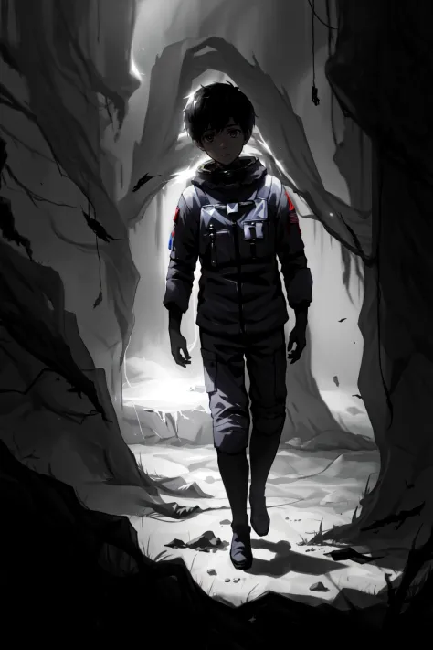 <lora:limco:1> limco style, 1boy, male focus, astronaut on the moon, depressive features, liminal horror space, extreme light an...