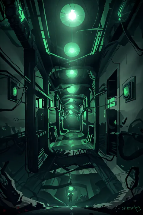 <lora:limco:1> limco style, a dark room with a giant green light, liminal space, retro art style, indoors, no humans, corridor