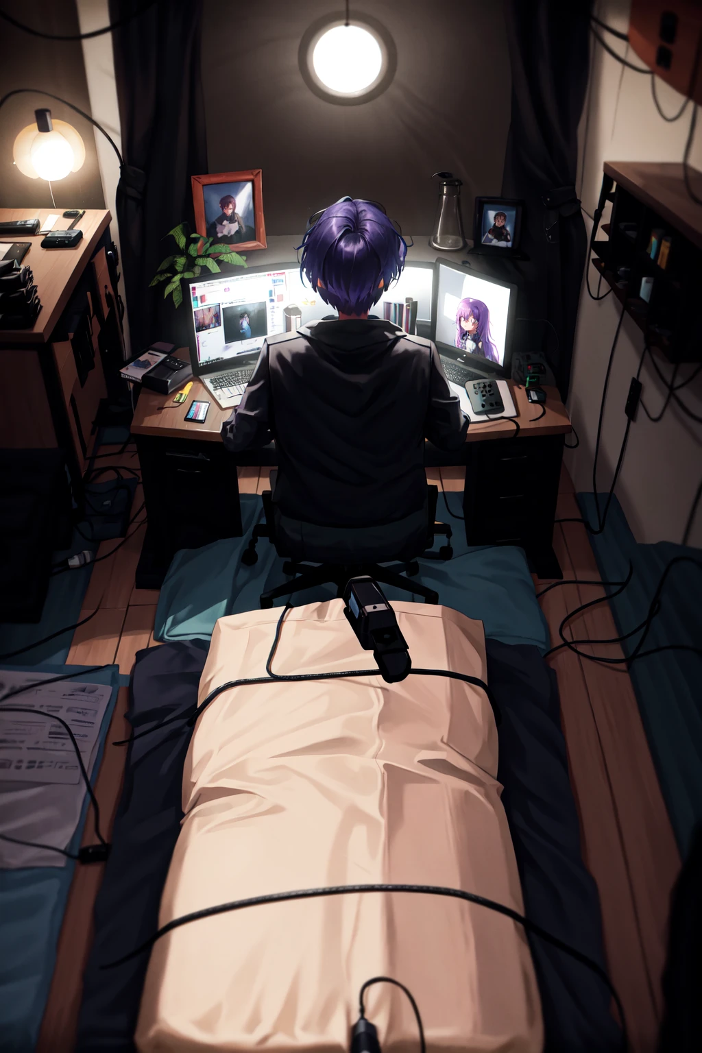 利姆科風格,  一名男子在 twitch 上直播, 在室內, 臥室, 電腦, 玩恐怖游戏,