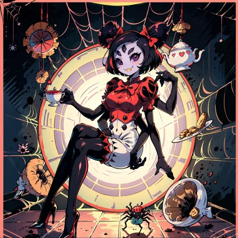 <lora:Muffet:1> <lora:Uekura:1> uekura, masterpiece, best quality, a beautiful and detailed portrait of muffet,Framed Shot, Picturesque, Tarot Card, White Background,Character Popping Out Of Background, (muffetwear), monster girl,((purple body:1.3)),humanoid, arachnid, anthro,((fangs)),pigtails,hair bows,5 eyes,spider girl,6 arms,solo,smile, awesome and detailed background, holding teapot, holding teacup,(( 6 arms, detailed arms)):1.4, ((spider webs:1.4)), storefront that sells pastries and tea,bloomers,(red and black clothing), inside, pouring into teacup, wide angle lens, ((fish eye effect)) ,armwear, bow, book, mushroom, dress, smile, hair bow, heart, cookie, flower, ((bloomers)), candy, tea, pink eyes, clock, heart (shape), shoes, watch, staff, polka dot,  <lora:Lineart:1.2>, <lora:Squeezer:1>, <lora:FromBelow:1>