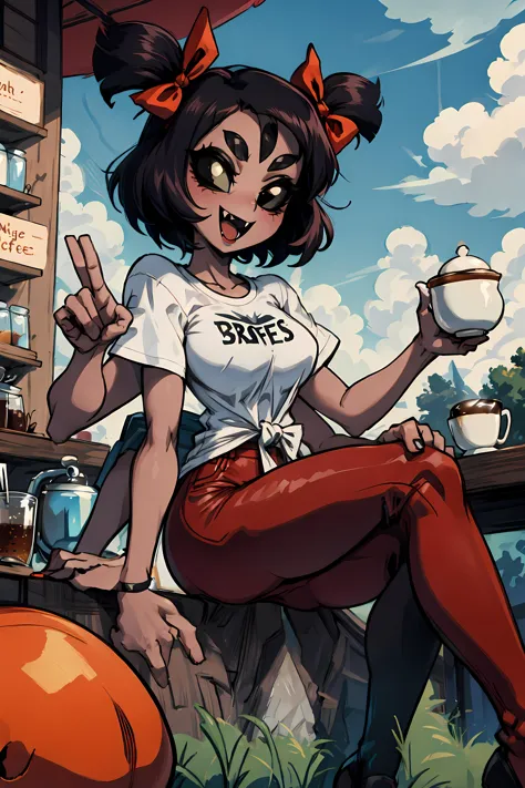 best quality, masterpiece,  (((sfw))),   <lora:muffetv3:0.9> 1girl, muffet, humanoid, arachnid, anthro,((fangs)),pigtails, hair bows, 5 eyes, spider girl, 6 arms, solo, open mouth, 6 hands, detailed hands, black eyes, black sclera, red t-shirt, black jeans, sitting at a coffee shop, smile, solo