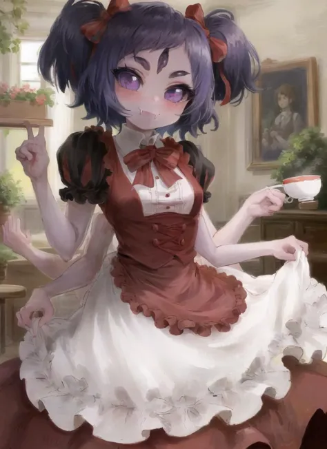 anime girl in a dress holding a cup of coffee