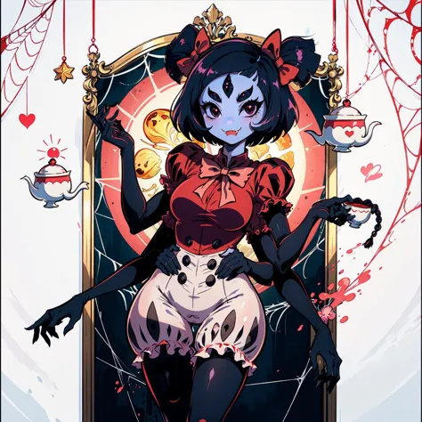 <lora:Muffet:1> <lora:Uekura:1> uekura, masterpiece, best quality, a beautiful and detailed portrait of muffet,Framed Shot, Picturesque, Tarot Card, White Background,Character Popping Out Of Background, (muffetwear), monster girl,((purple body:1.3)),humanoid, arachnid, anthro,((fangs)),pigtails,hair bows,5 eyes,spider girl,6 arms,solo,smile, awesome and detailed background, holding teapot, holding teacup,(( 6 arms, detailed arms)):1.4, ((spider webs:1.4)), storefront that sells pastries and tea,bloomers,(red and black clothing), inside, pouring into teacup, wide angle lens, ((fish eye effect)) ,armwear, bow, book, mushroom, dress, smile, hair bow, heart, cookie, flower, ((bloomers)), candy, tea, pink eyes, clock, heart (shape), shoes, watch, staff, polka dot,  <lora:Lineart:1.2>, <lora:Squeezer:1>, <lora:FromBelow:1>