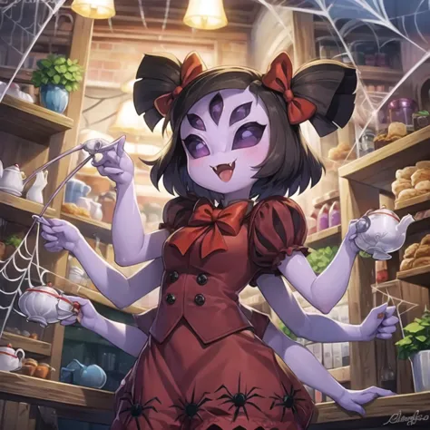 masterpiece, best quality, a beautiful and detailed portriat of muffet, monster girl,((purple body:1.3)),humanoid, arthropod, anthro,((fangs)),pigtails,hair bows,5 eyes,spider girl,6 arms,solo,smile, clothed, open mouth, awesome and detailed background, holding teapot, holding teacup, 6 hands,detailed hands,((spider webs:1.4)), storefront that sells pastries and tea,bloomers,(red and black clothing),inside,pouring into teacup

<lora:muffet v1-000007:1>