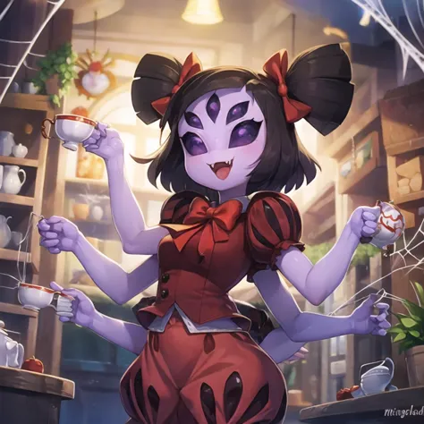 masterpiece, best quality, a beautiful and detailed portriat of muffet, monster girl,((purple body:1.3)),humanoid, arthropod, anthro,((fangs)),pigtails,hair bows,5 eyes,spider girl,6 arms,solo,smile, clothed, open mouth, awesome and detailed background, holding teapot, holding teacup, 6 hands,detailed hands,((spider webs:1.4)), storefront that sells pastries and tea,bloomers,(red and black clothing),inside,pouring into teacup,muffetwear

<lora:muffet v1-000007:1>