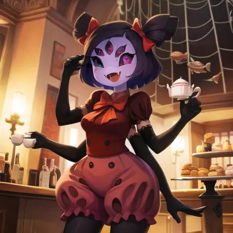 masterpiece, best quality, a beautiful and detailed portriat of muffet,(muffetwear), monster girl,((purple body:1.3)),humanoid, arachnid, anthro,((fangs)),pigtails,hair bows,5 eyes,spider girl,6 arms,solo,smile, clothed, open mouth, awesome and detailed background, holding teapot, holding teacup, 6 hands,detailed hands,((spider webs:1.4)), storefront that sells pastries and tea,bloomers,(red and black clothing),inside,pouring into teacup,wide angle lens, ((fish eye effect)) ,armwear
<lora:muffetv3:1>