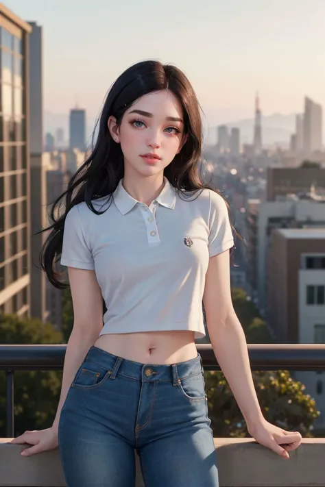 photo of S370_EvelynClaire,a stunning woman,on a (balcony:1.1),wearing a (polo-shirt:1.1),(jeans),(cityscape),(4k, RAW photo, be...