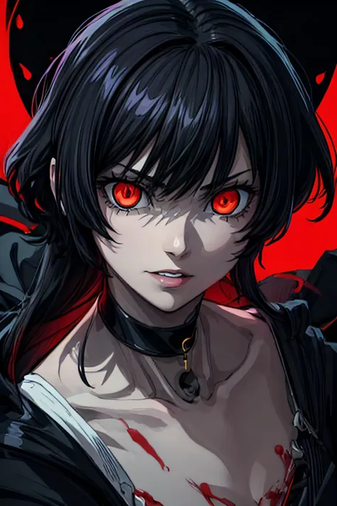 (best quality), (highly detailed), (masterpiece), (perfect lighting), 
BREAK
1girl, (glowing eyes:1.4), evil smile, (Reaching towards veiwer:1.4), black hair, choker, blood,
BREAK 
backlighting, closeup, vivid colors, bright, blood accents, black background, 90s anime, black,red,yellow, sharp teeth 