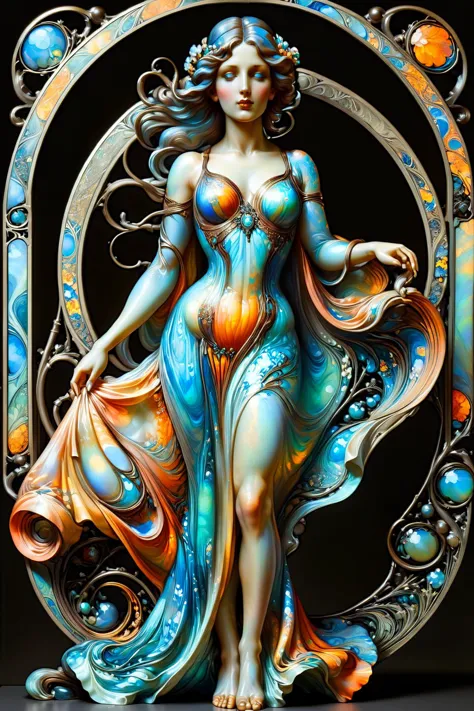 full body statue of a woman by Alphonse Mucha, by Aaron Horkey <lora:ral-opal-sdxl:0.5> ral-opal <lora:Colorful_Marbled_Paper_SD...