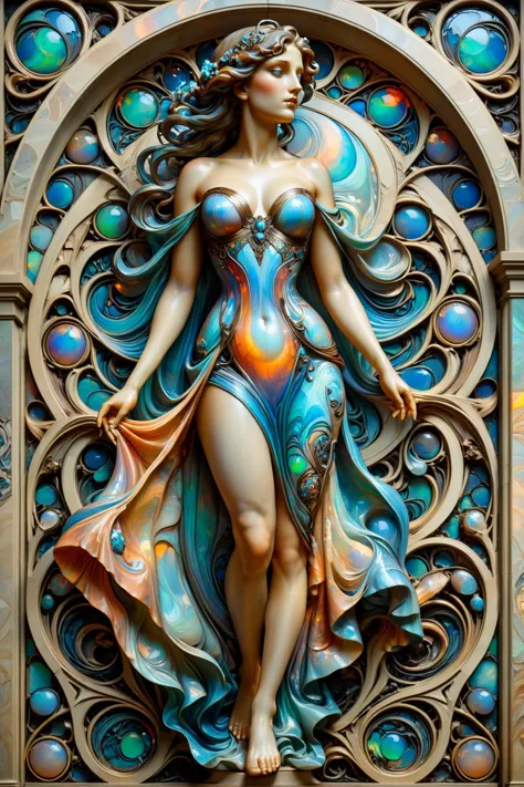 full body statue of a woman by Alphonse Mucha, by Aaron Horkey <lora:ral-opal-sdxl:0.5> ral-opal <lora:Colorful_Marbled_Paper_SD...