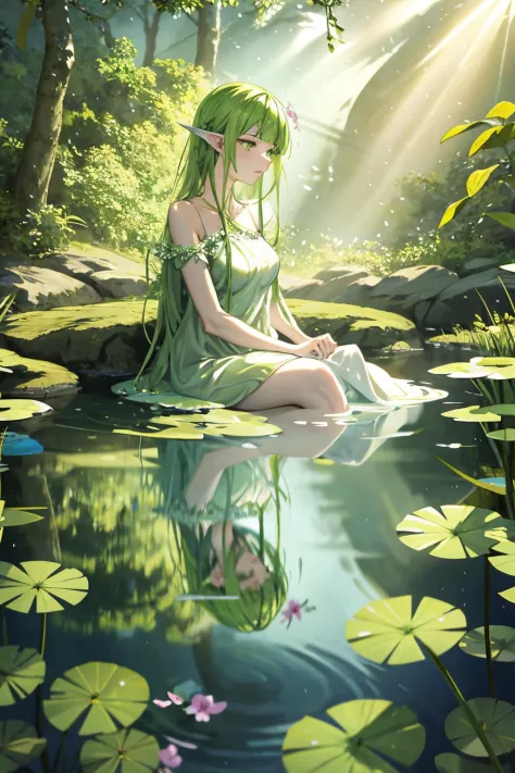 a naiad at her spring. daydreaming. wearing a dress made of pondweed. water distorting light, refracting sunbeams, volumetric light.