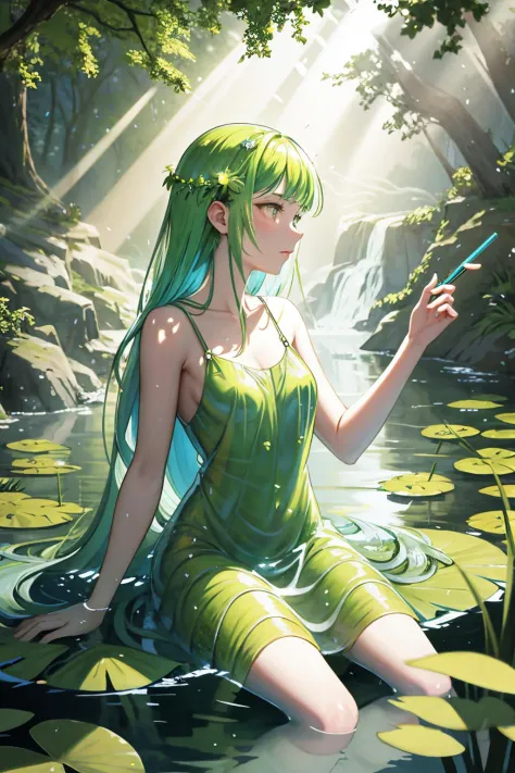 a naiad at her spring. daydreaming. wearing a dress made of pondweed. water distorting light, refracting sunbeams, volumetric light.