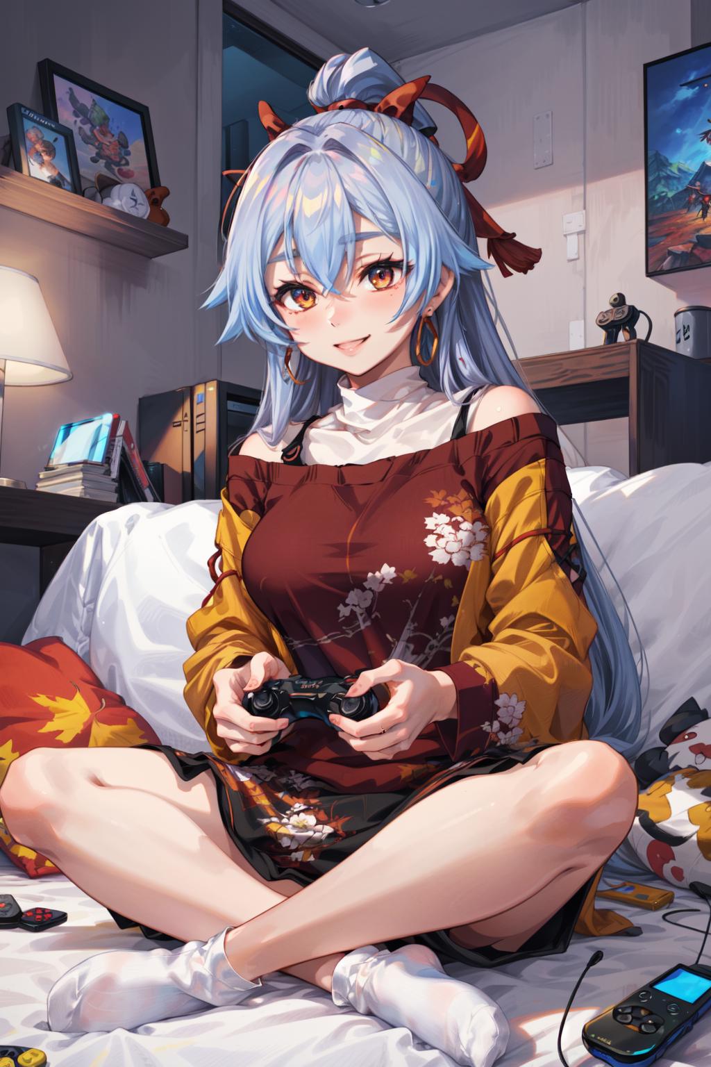 Anime girl sitting on bed with video game controller in hand - SeaArt AI