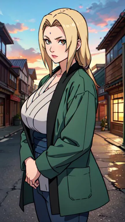 Tsunade, blonde hair, huge breasts, mature female, blue pants, green coat, chest bandage <lora:tsunadeV1ANYTHINK70:0.6>, (master...