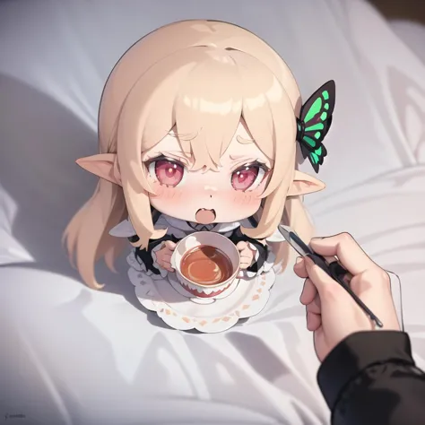 anime character with butterfly on head holding a cup of tea