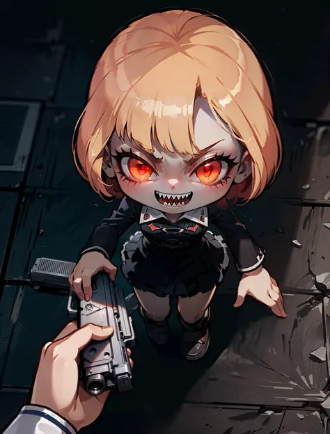 anime girl holding a gun with a creepy face on it