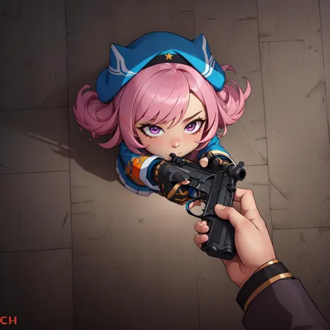 (masterpiece, best quality, absurdres, 4k, aesthetic, detailed, intricate, perfect lighting),anzhcgodoacrime,from above, chibi, pov, holding gun <lora:AnzhcGoDoACrime2_118390:1>