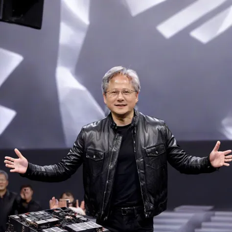 arafed man in black leather jacket standing in front of a stage