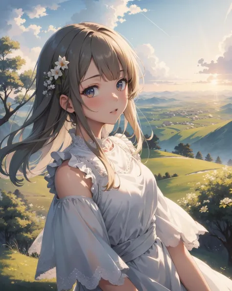 (masterpiece:1.1), (highest quality:1.1), (HDR:1.0), anime girl, portrait, upper body, looking at viewer, solo, hilltop, white dress, tree, horizon, gradient sky, cloud