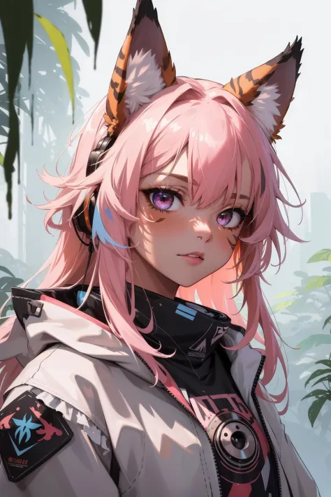 (masterpiece:1.1), (highest quality:1.1), (HDR:1.0), extreme quality, cg, (negative space), detailed face+eyes, 1girl, fox ears, animal ear fluff, (plants:1.18), (fractal art), (bright colors), splashes of color background, colors mashing, paint splatter, ...