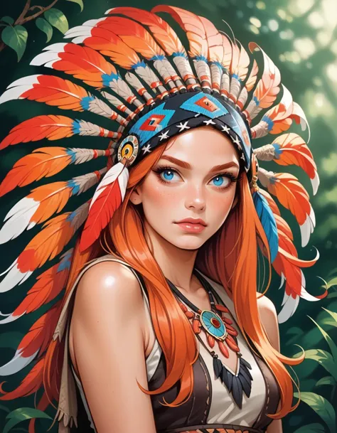 a woman with an orange headdress and feathers on her head