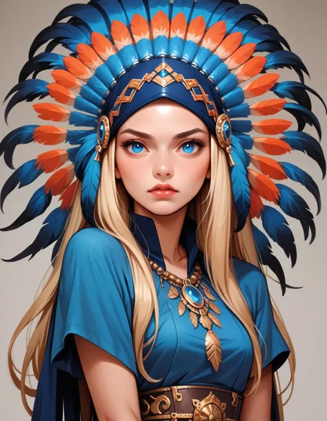 a woman in a blue dress and headdress with feathers